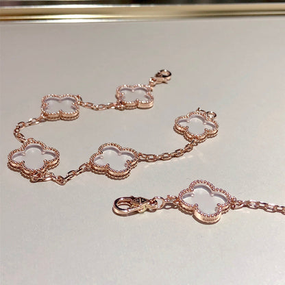 [vivabelle]CLOVER 5 MOTIF ROCK CRYSTAL PINK GOLD BRACELET