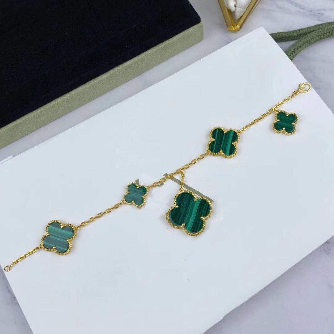 [vivabelle]MAGIC CLOVER MALACHITE GOLD BRACELET 5 MOTIFS