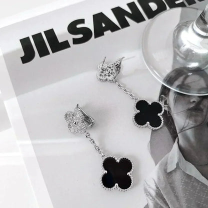 [vivabelle]CLOVER 2 MOTIFS  DIAMOND ONYX EARRINGS SILVER