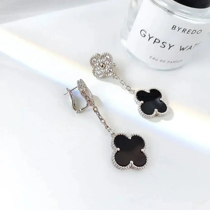 [vivabelle]CLOVER 2 MOTIFS  DIAMOND ONYX EARRINGS SILVER
