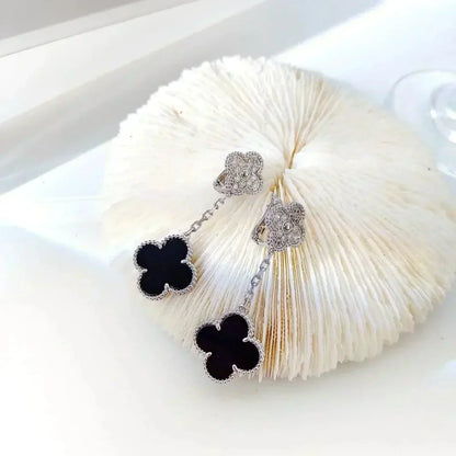 [vivabelle]CLOVER 2 MOTIFS  DIAMOND ONYX EARRINGS SILVER