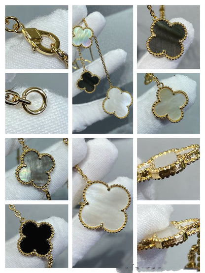 [vivabelle]CLOVER 6 MOTIF MOP ONYX GOLD NECKLACE