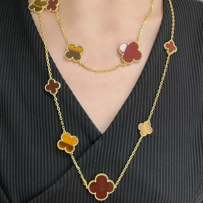 [vivabelle]CLOVER 16 MOTIF CARNELIAN TIGER EYE ROSE GOLD NECKLACE