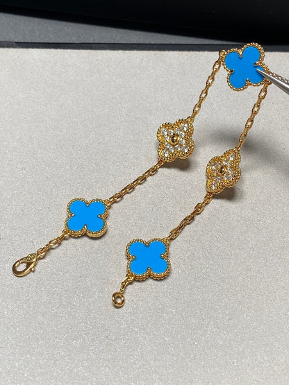 [vivabelle]CLOVER 5 MOTIF BLUE CHALCEDONY DIAMOND GOLD BRACELET