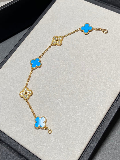 [vivabelle]CLOVER 5 MOTIF BLUE CHALCEDONY DIAMOND GOLD BRACELET