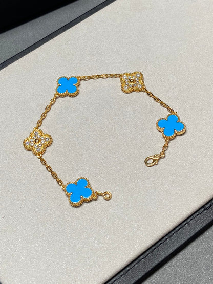 [vivabelle]CLOVER 5 MOTIF BLUE CHALCEDONY DIAMOND GOLD BRACELET