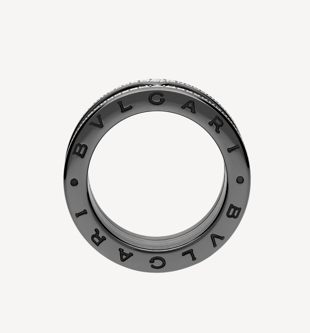 [vivabelle]ZERO 1 ROCK FOUR-BAND BLACK CERAMIC WITH STUDDED SPIRAL AND PAVED DIAMONDS RING