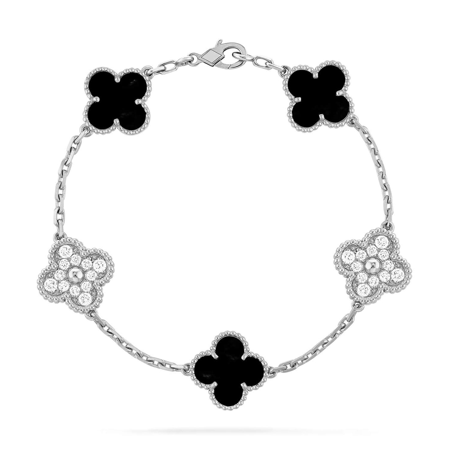 [vivabelle]CLOVER 5 MOTIF ONYXS DIAMOND BRACELET SILVER