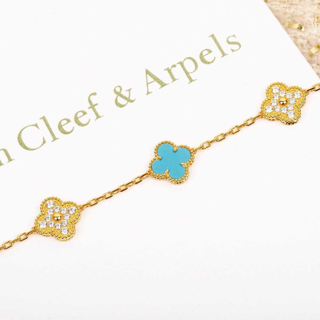 [vivabelle]CLOVER 5 MOTIF TURQUOISE DIAMOND GOLD BRACELET