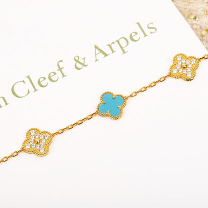 [vivabelle]CLOVER 5 MOTIF TURQUOISE DIAMOND GOLD BRACELET