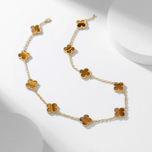 [vivabelle]CLOVER 10 MOTIFS TIGER EYE NECKLACE