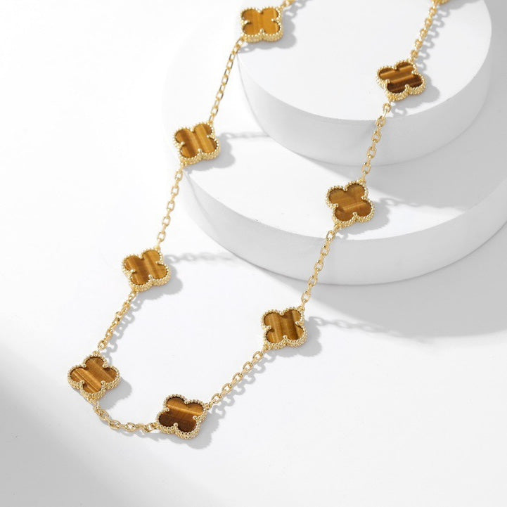 [vivabelle]CLOVER 10 MOTIFS TIGER EYE NECKLACE