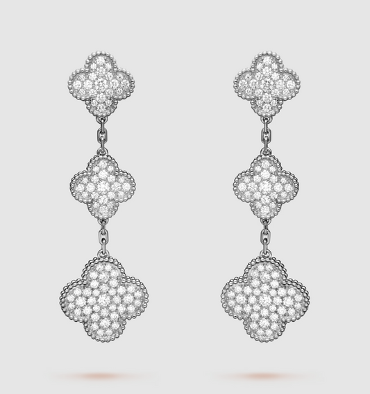 [vivabelle]CLOVER 3 MOTIF DIAMOND SILVER DROP EARRINGS