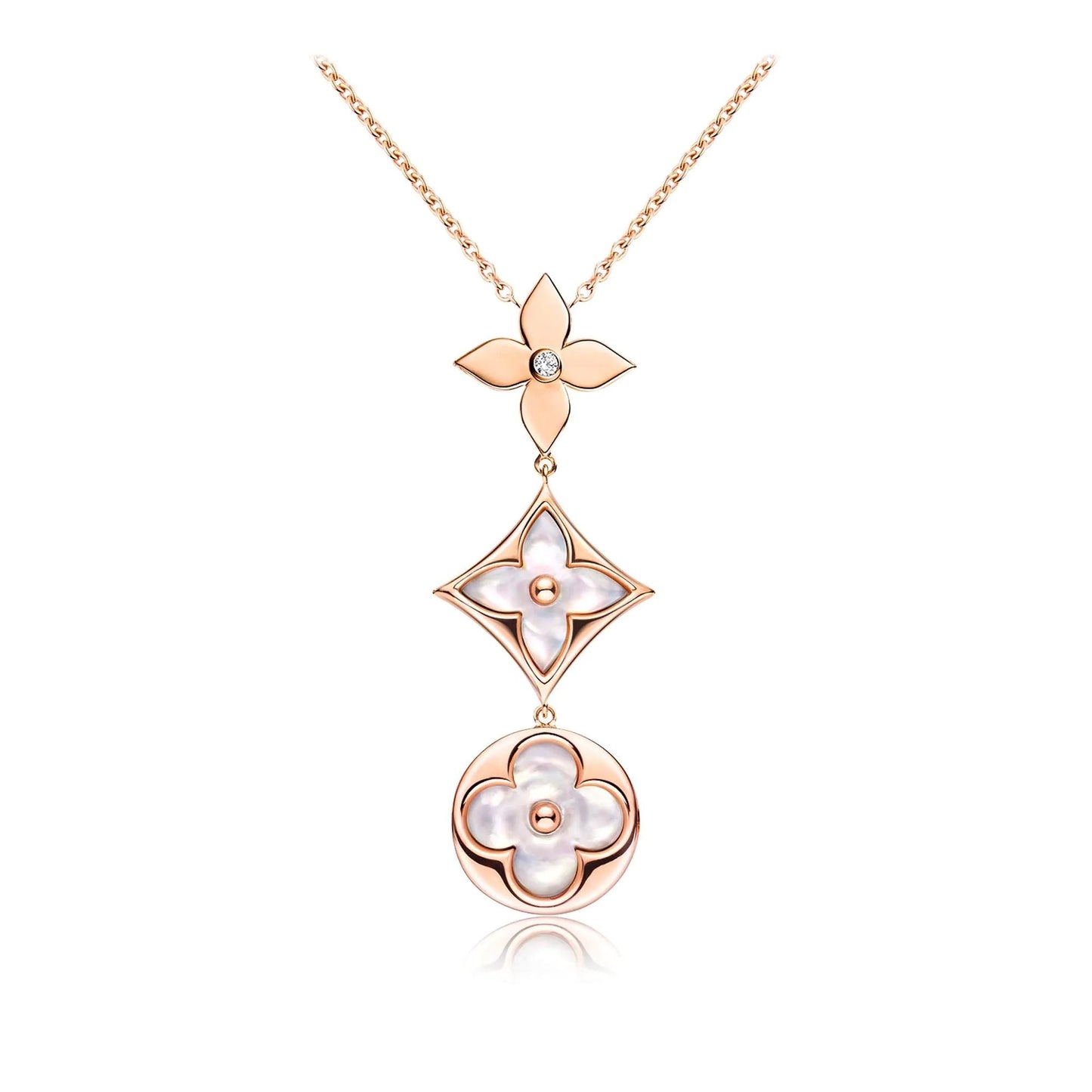 [vivabelle]COLOR BLOSSOM LARIAT NECKLACE PINK GOLD WHITE MOTHER PEARL AND DIAMOND