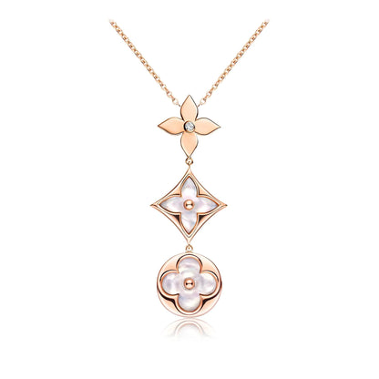 [vivabelle]COLOR BLOSSOM LARIAT NECKLACE PINK GOLD WHITE MOTHER PEARL AND DIAMOND