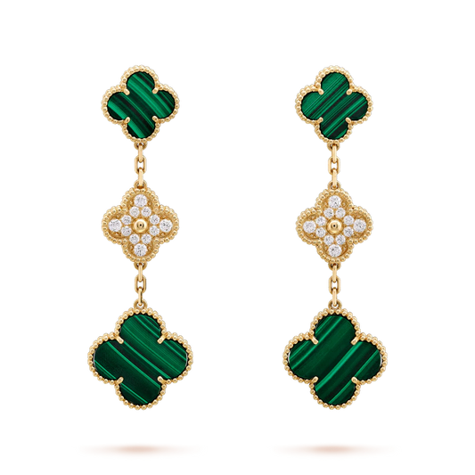 [vivabelle]CLOVER EARRINGS GOLD MALACHITE DIAMOND 3 MOTIF