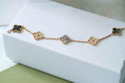 [vivabelle]CLOVER 5 MOTIFS DARK MOP AND DIAMONDS PINK GOLD BRACELET