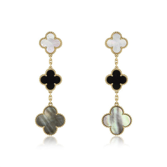 [vivabelle]CLOVER EARRINGS GOLD ONYX MOP 3 MOTIF